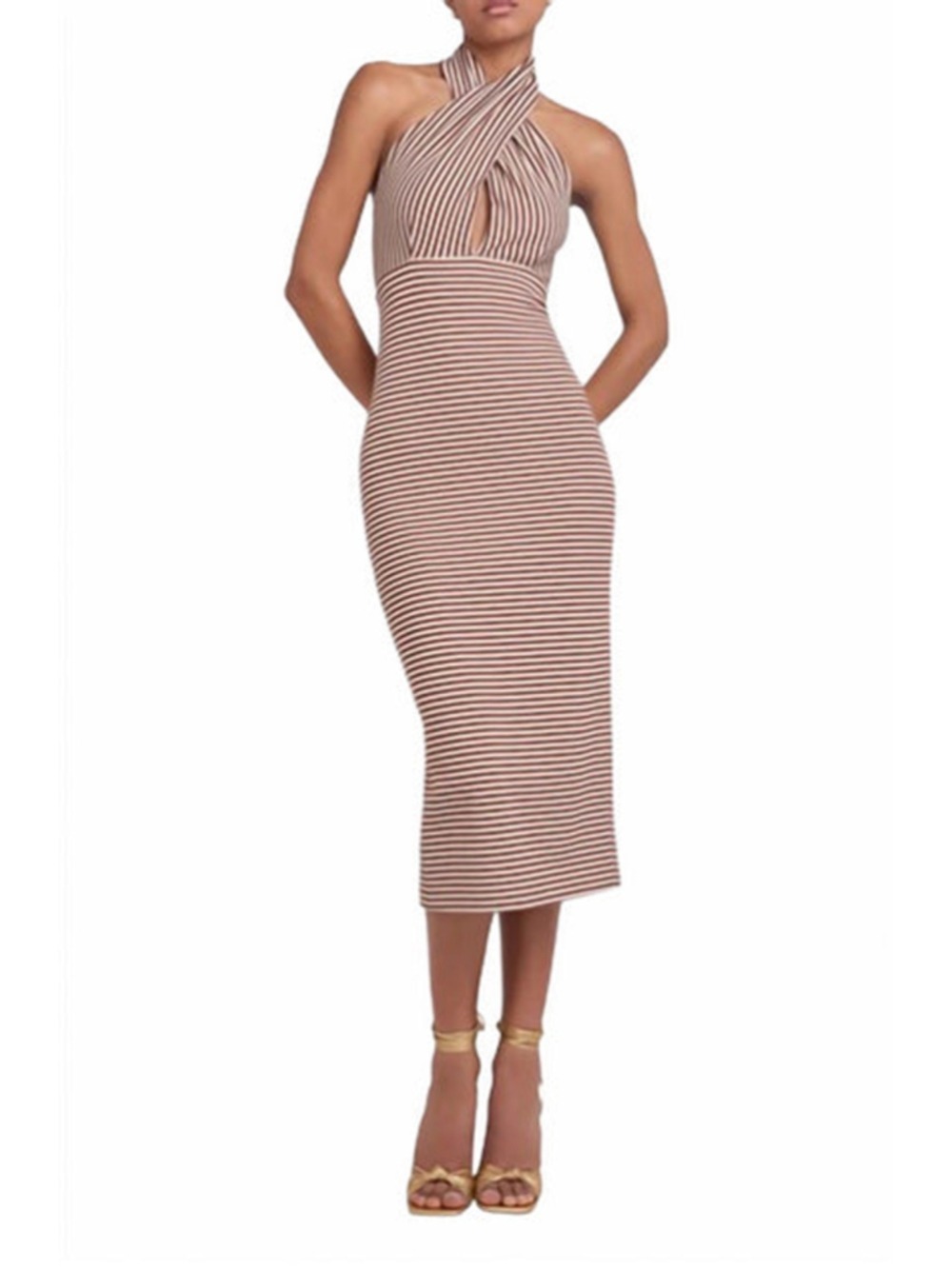 Women's Amanda Uprichard Brown & Cream Striped Halter Midi Dress XS